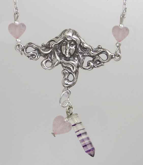 Sterling Silver Woman Maiden of the Gentle Heart Necklace With Fluorite And Rose Quartz Heart